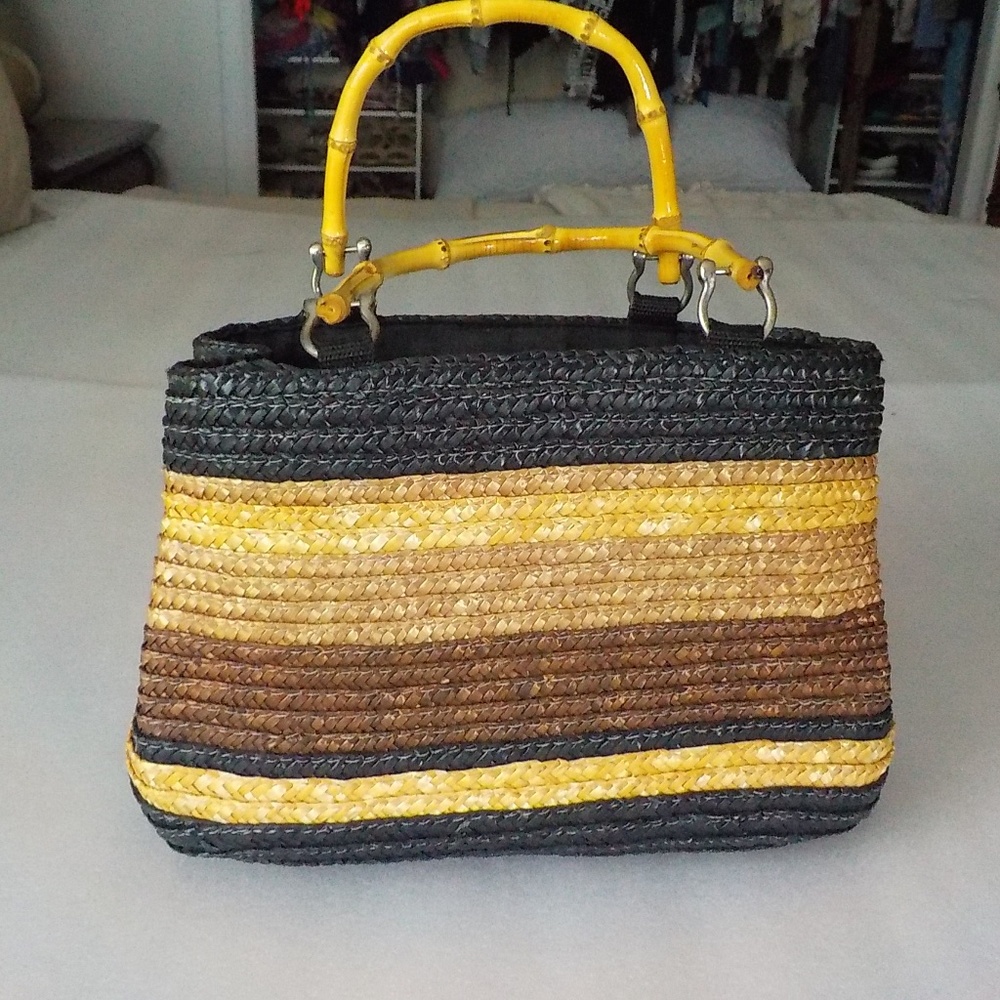 Browns & Black Stripe Straw & Bamboo Handbag